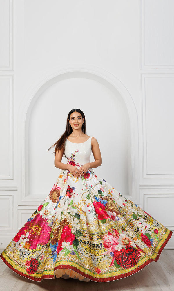 Pakistani White Floral Printed Satin-Blend Lehenga Gown (1-Pc) - Image 5