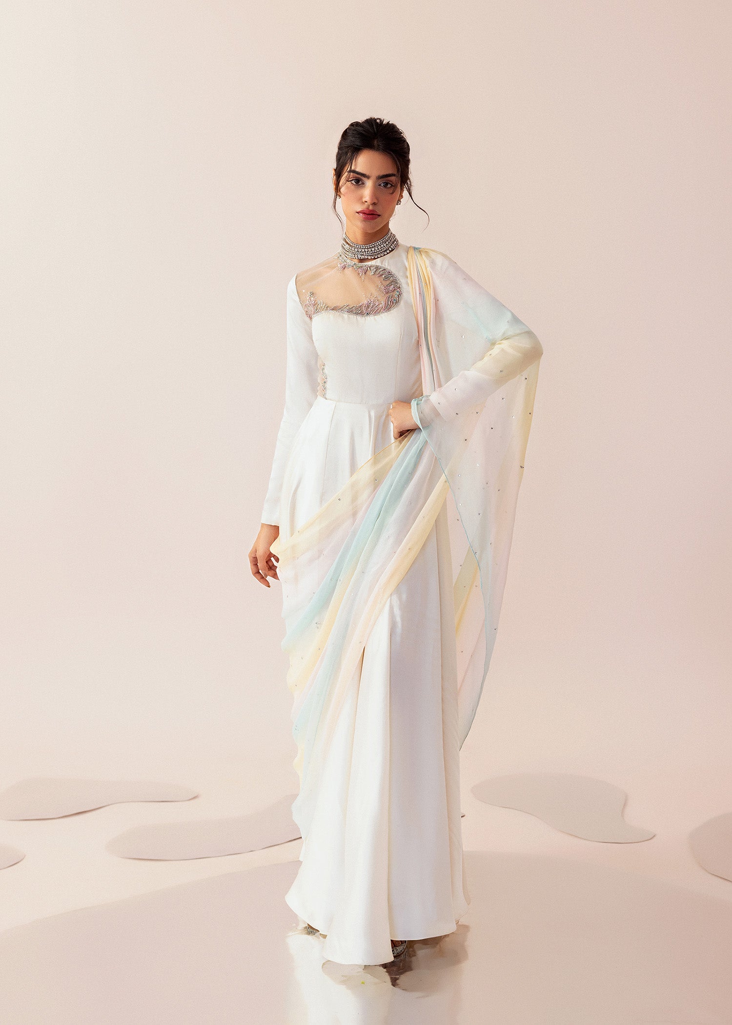 Pearl White Embroidered Satin Silk Gown (2-Piece) - Image 1
