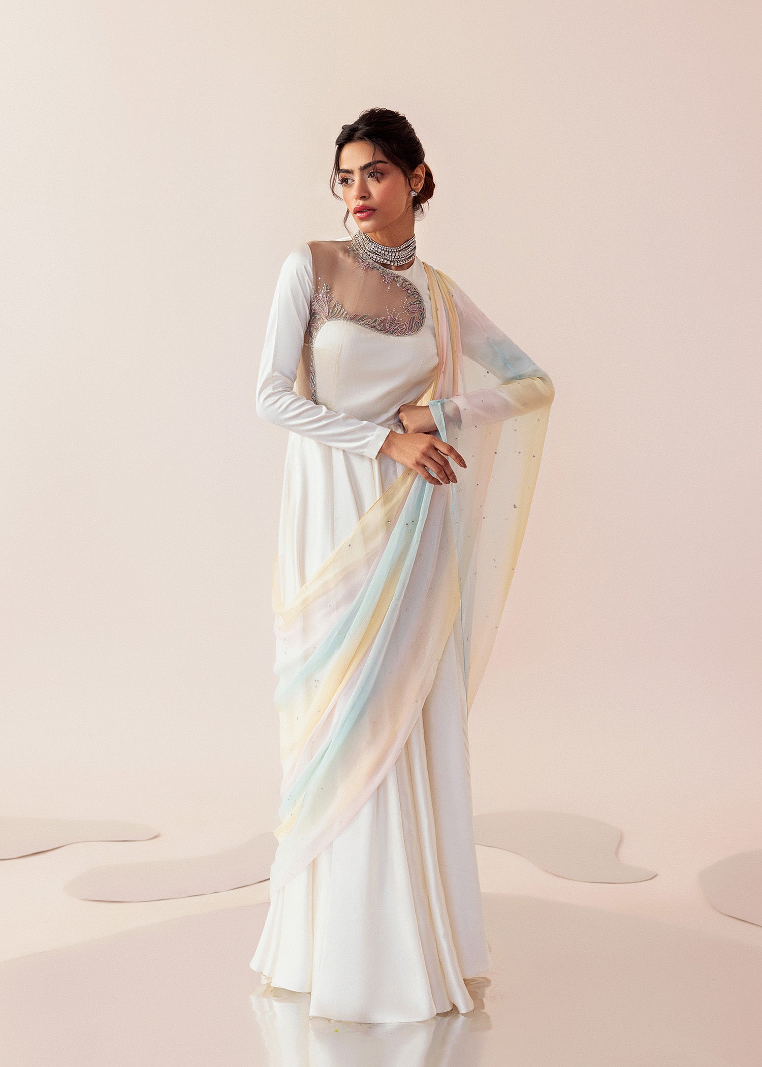 Pearl White Embroidered Satin Silk Gown (2-Piece) - Image 3