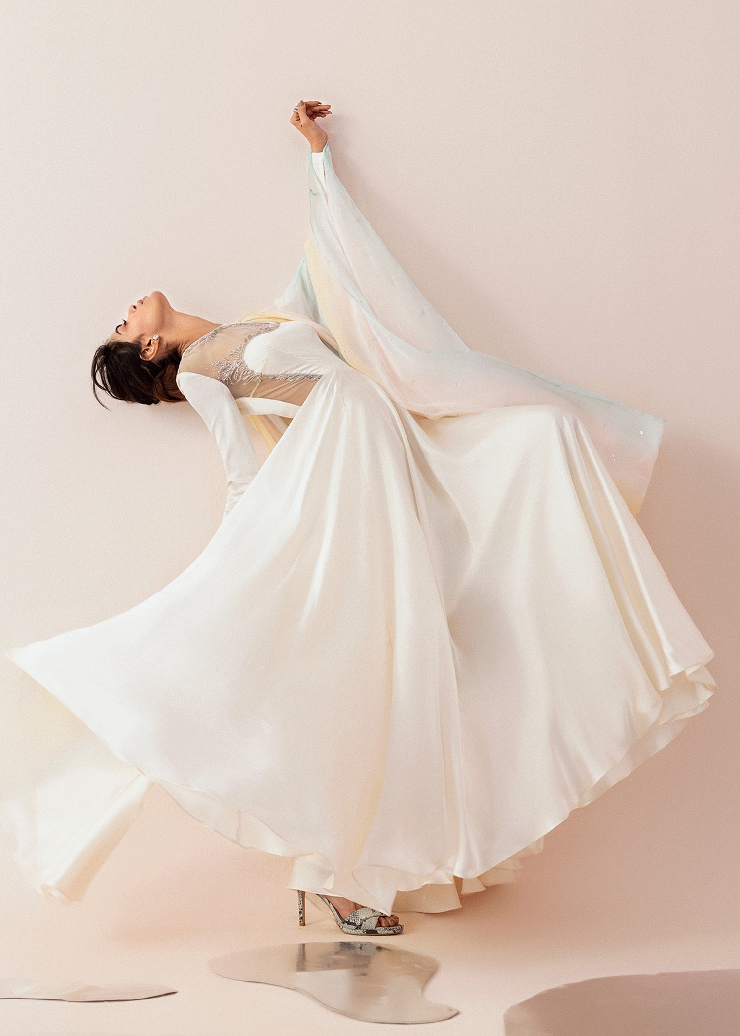 Pearl White Embroidered Satin Silk Gown (2-Piece) - Image 8