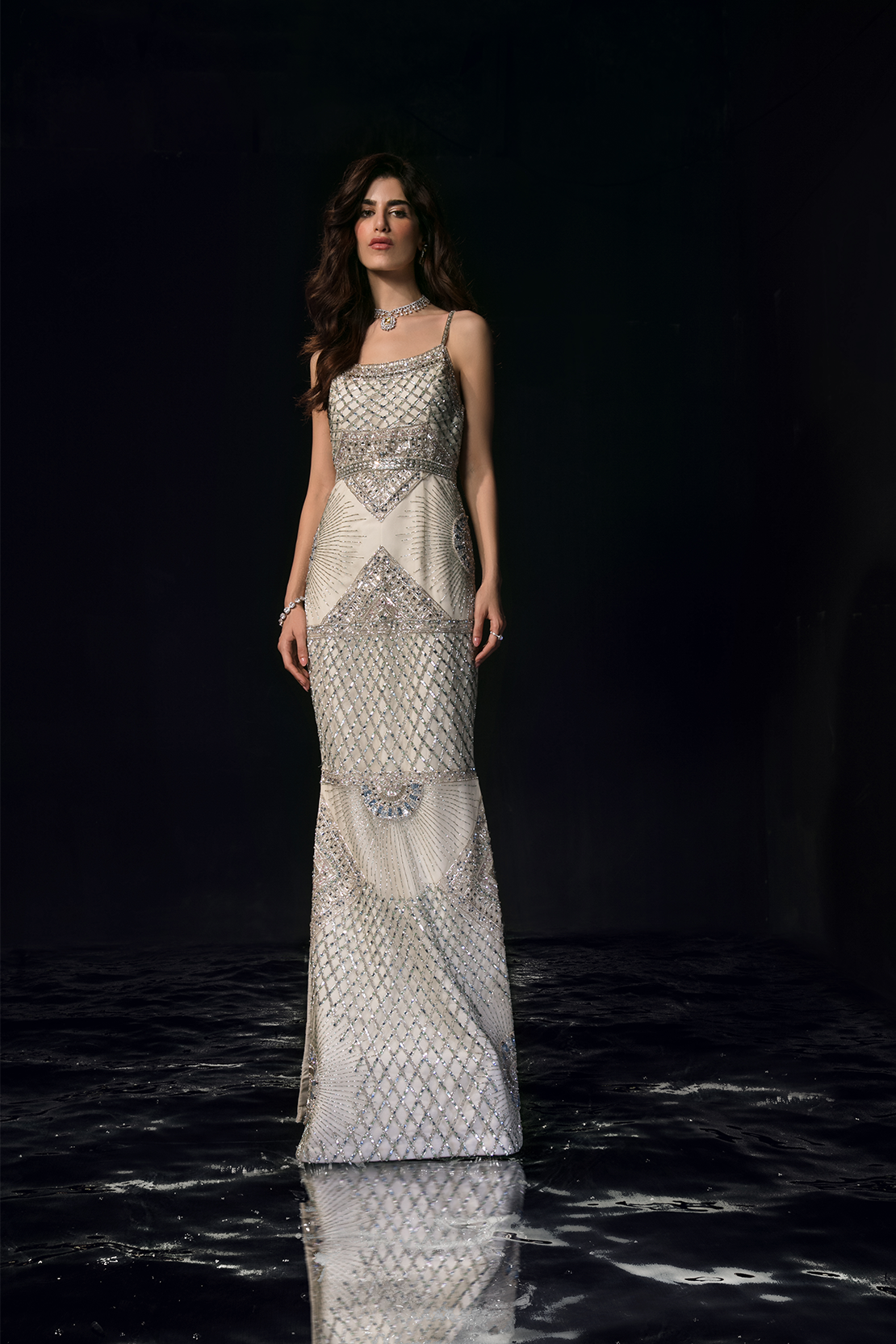 Pakistani White Swarovski Embellished Crepe Satin Gown (1-Pc) - Image 1