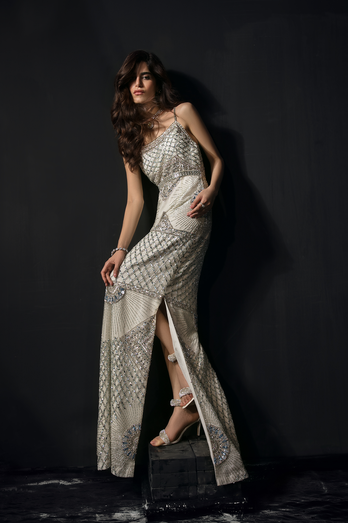 Pakistani White Swarovski Embellished Crepe Satin Gown (1-Pc) - Image 2