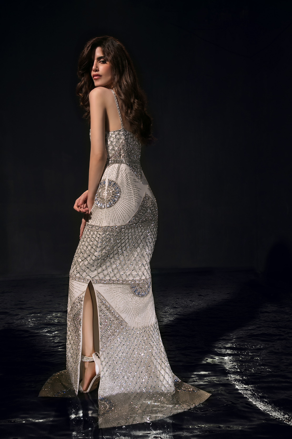 Pakistani White Swarovski Embellished Crepe Satin Gown (1-Pc) - Image 7