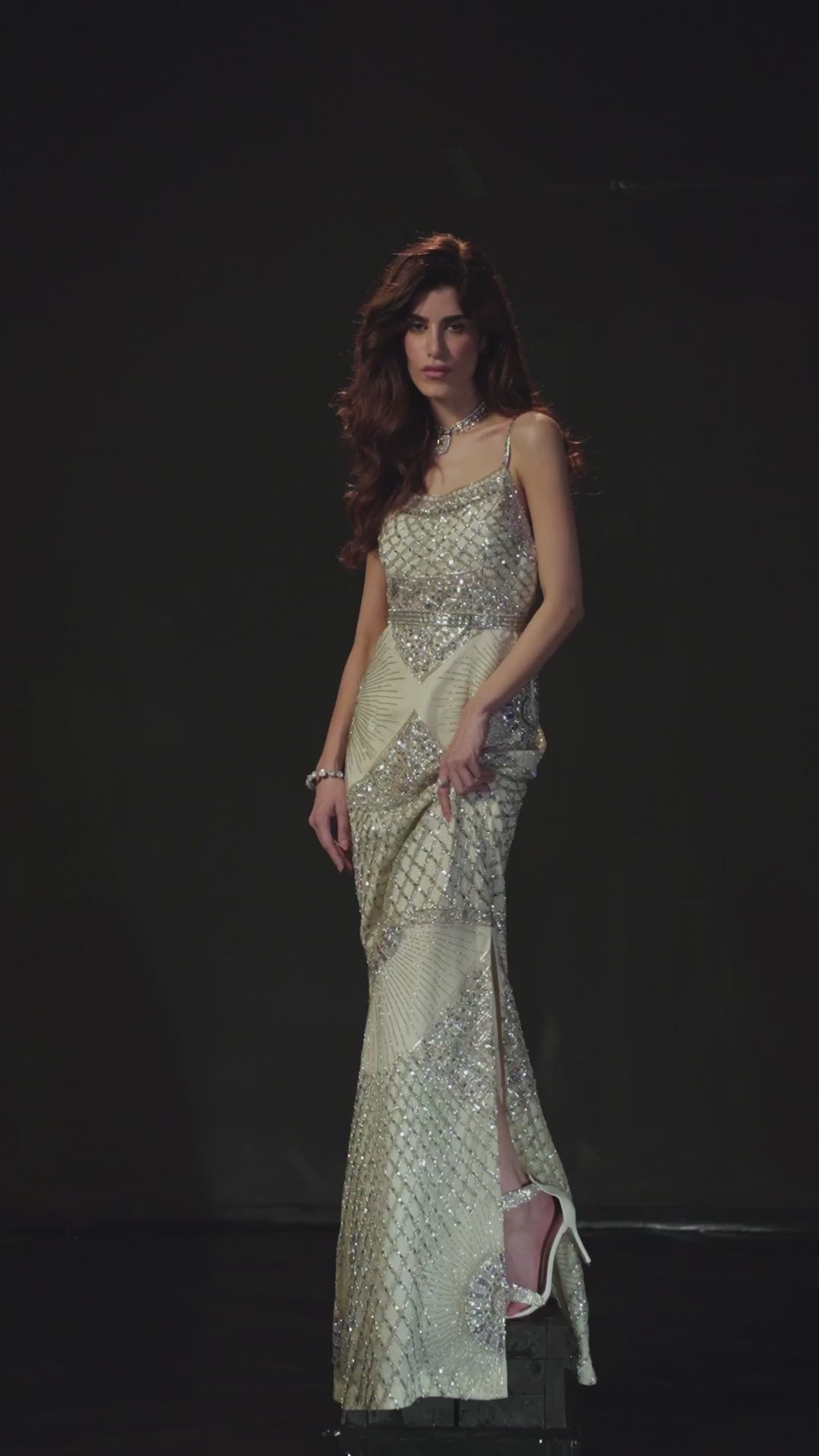 Pakistani White Swarovski Embellished Crepe Satin Gown (1-Pc) - Image 8