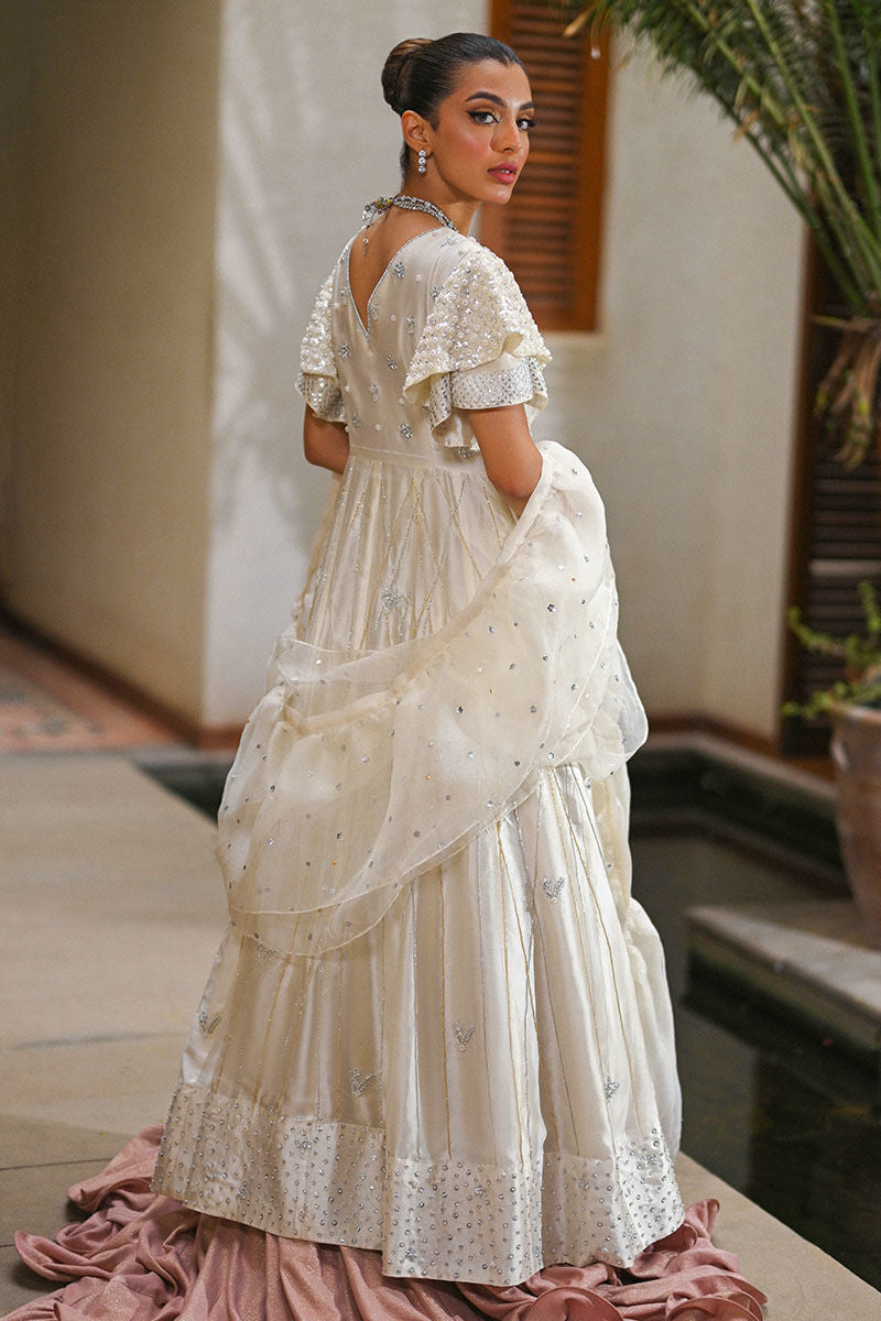 Pakistani Pearl White Embellished Silk Bridal Gown (2-Piece) - Image 4