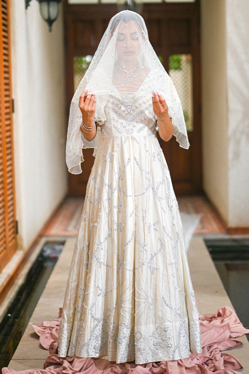 Pakistani Pearl White Embellished Silk Bridal Gown (2-Piece) - Image 6