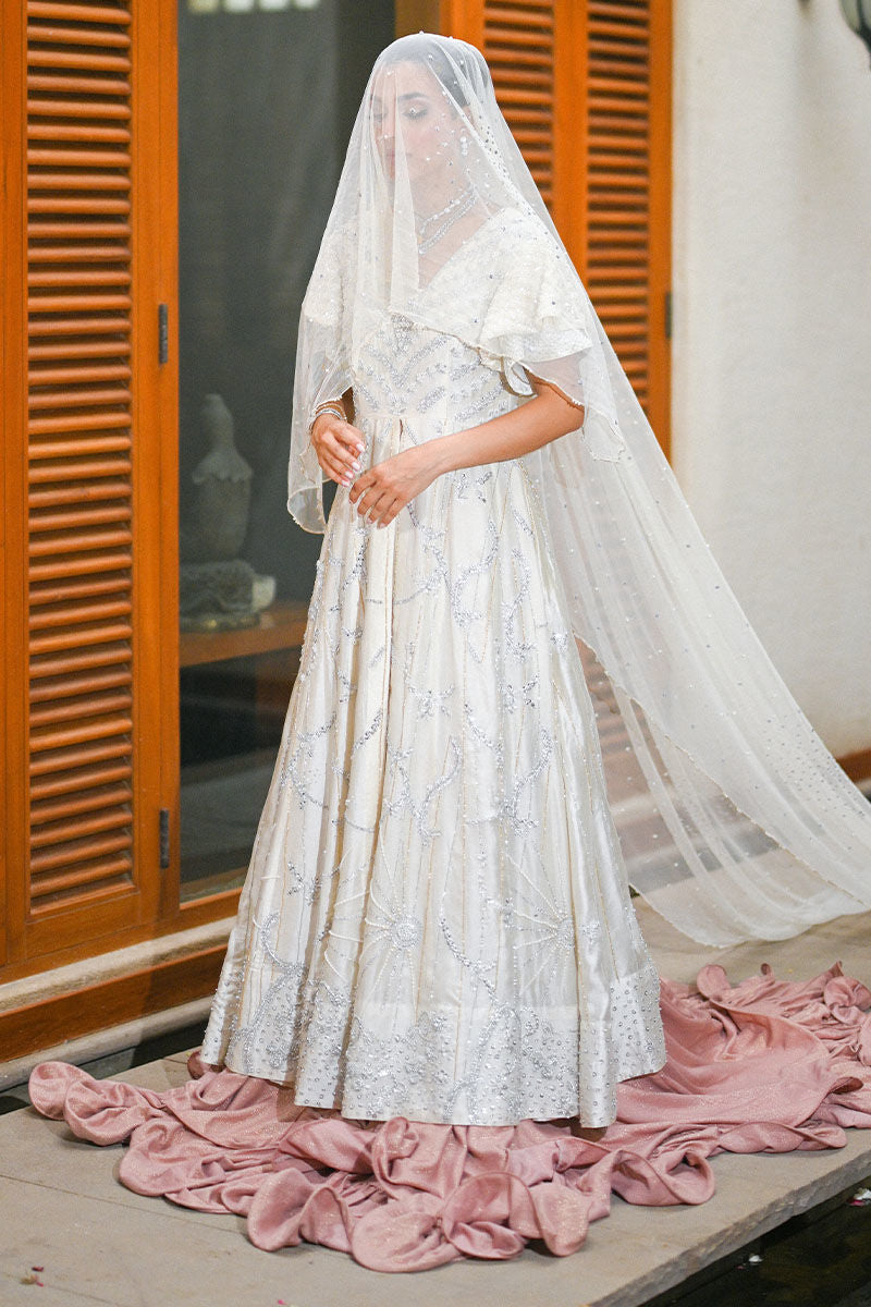 Pakistani Pearl White Embellished Silk Bridal Gown (2-Piece) - Image 8