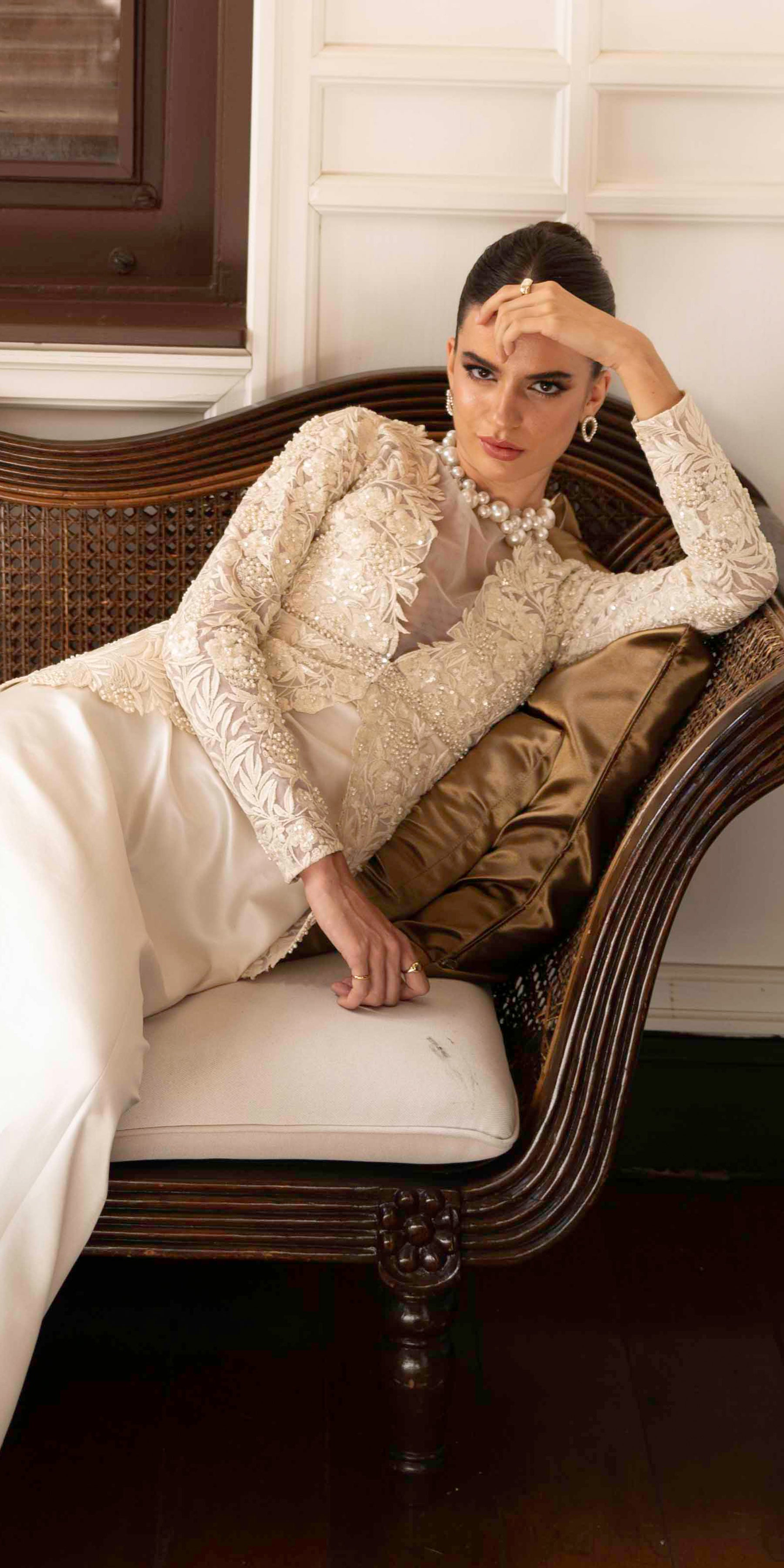 Pearl White Embroidered Tulle Jacket Silk Gown (2-Piece) - Image 10