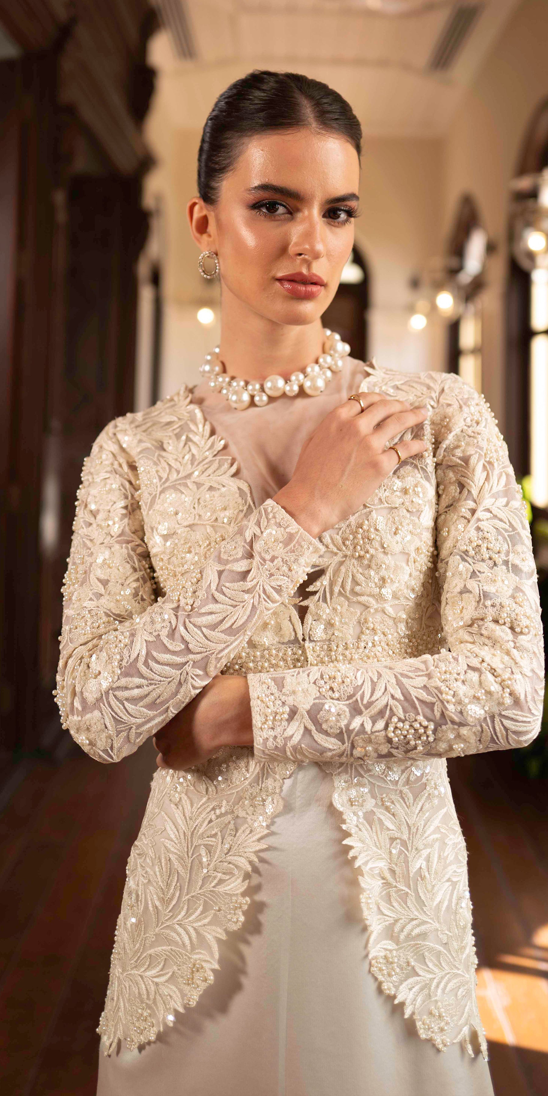 Pearl White Embroidered Tulle Jacket Silk Gown (2-Piece) - Image 2