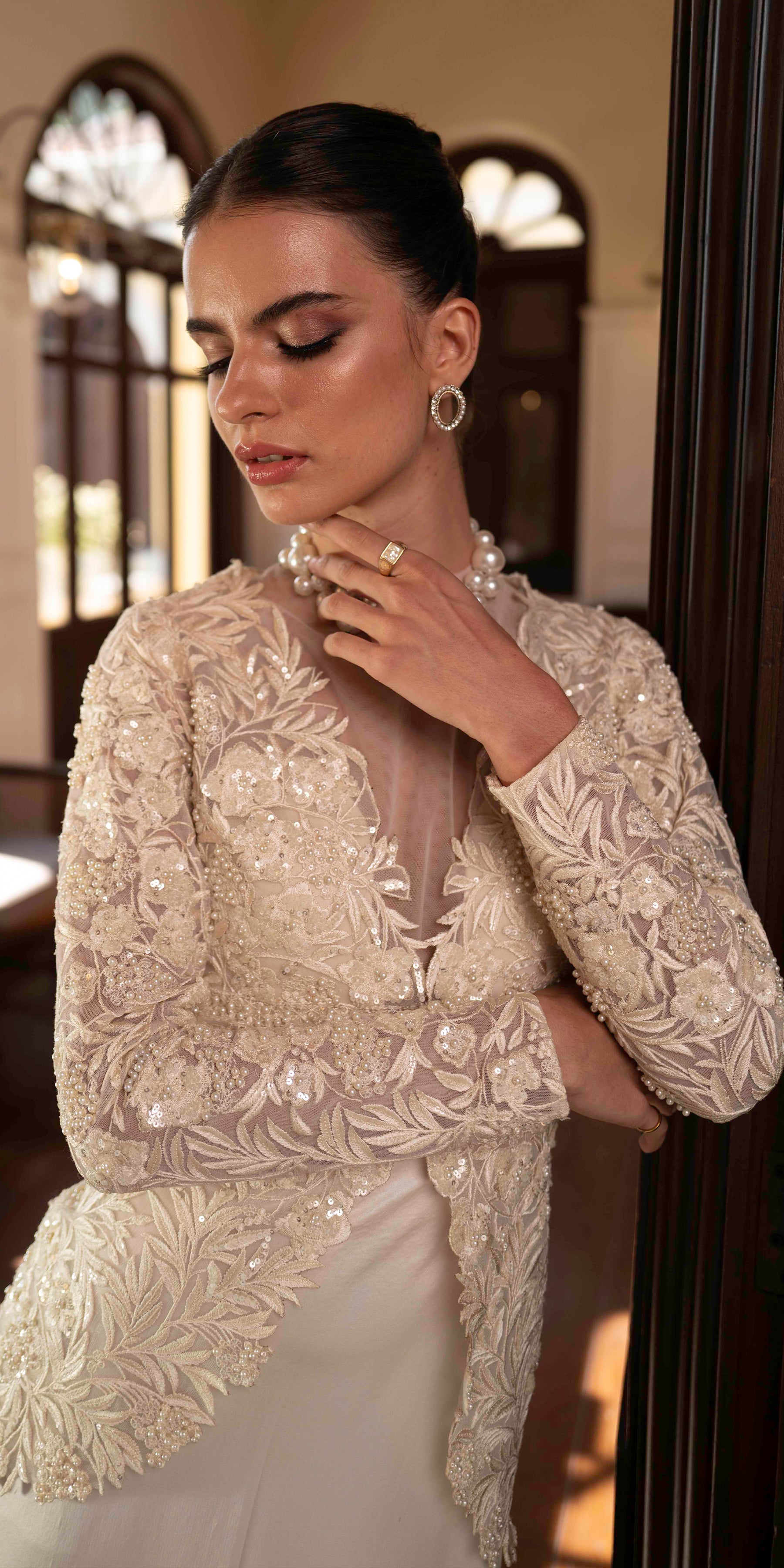 Pearl White Embroidered Tulle Jacket Silk Gown (2-Piece) - Image 4