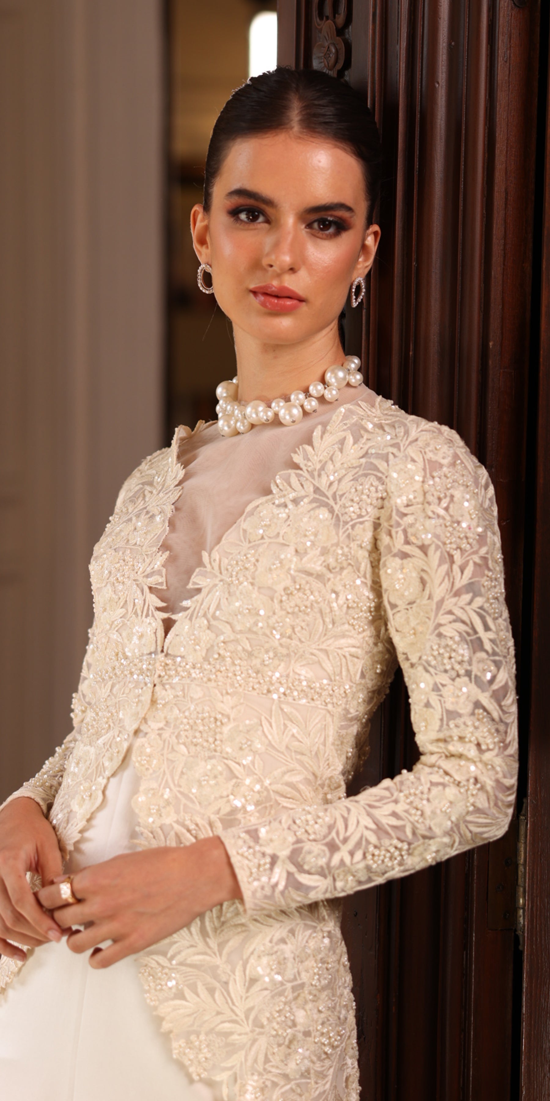 Pearl White Embroidered Tulle Jacket Silk Gown (2-Piece) - Image 8