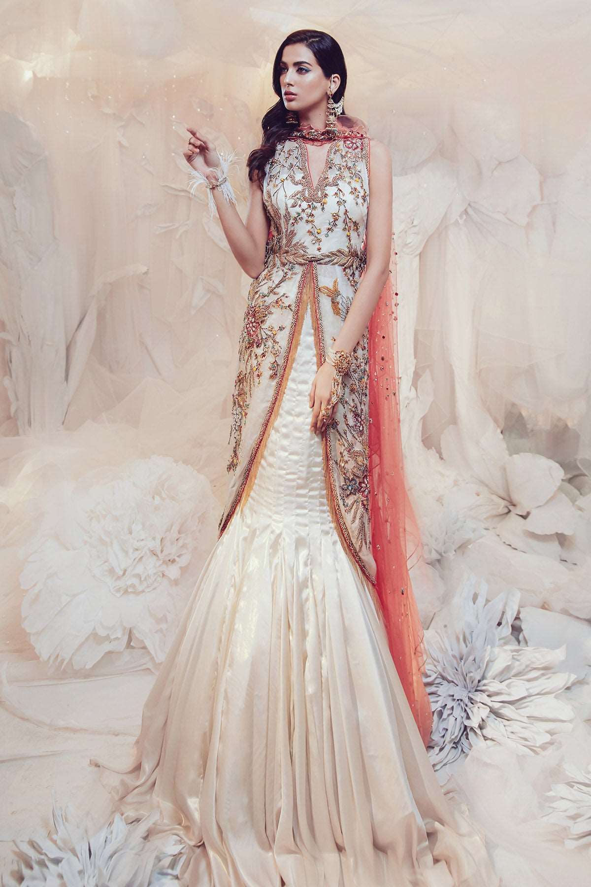 Pakistani Pearl White Zari Tulle Gown Set (2-Piece) - Image 1