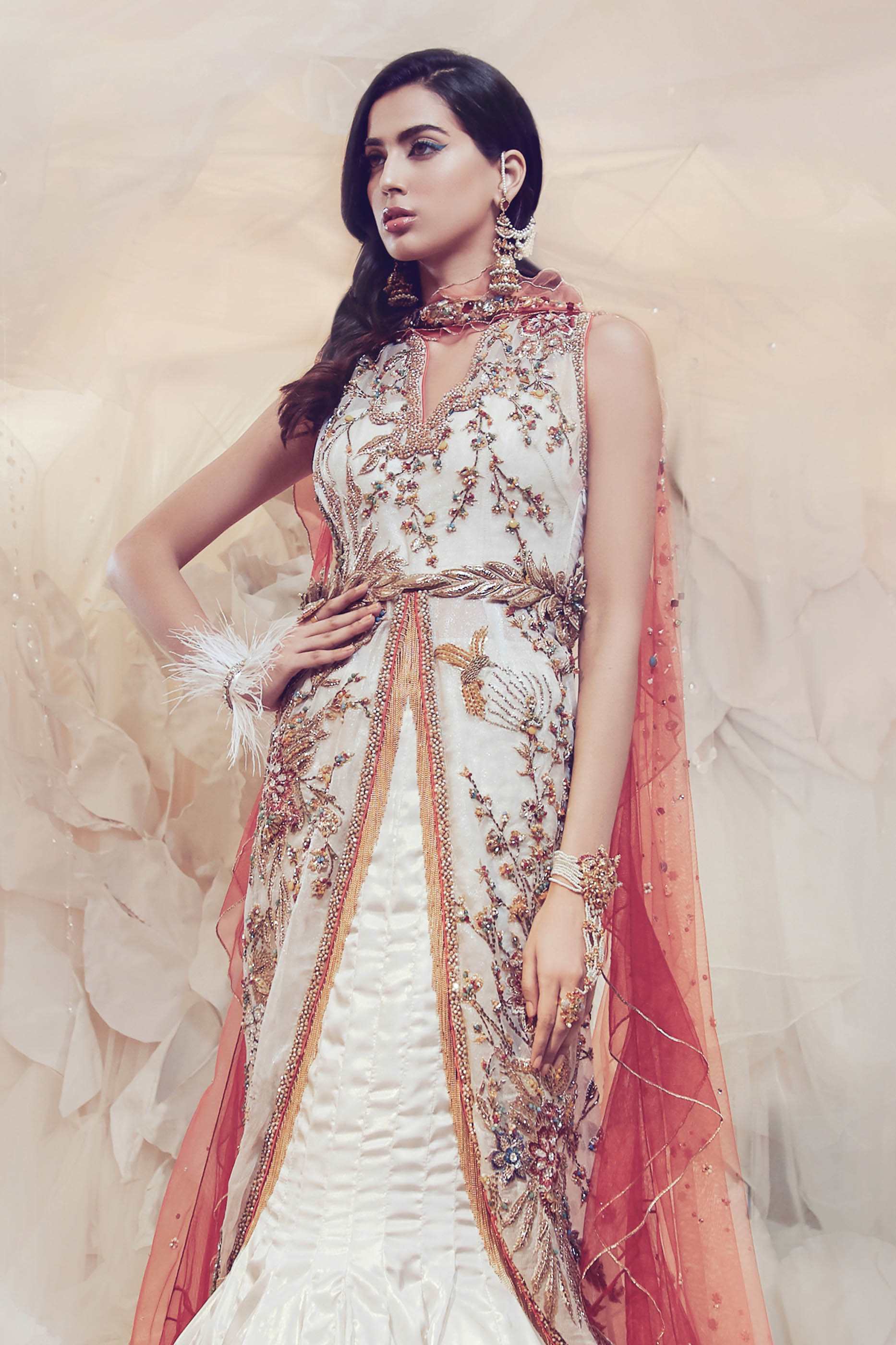 Pakistani Pearl White Zari Tulle Gown Set (2-Piece) - Image 2