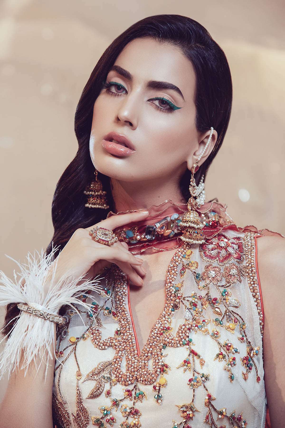 Pakistani Pearl White Zari Tulle Gown Set (2-Piece) - Image 3