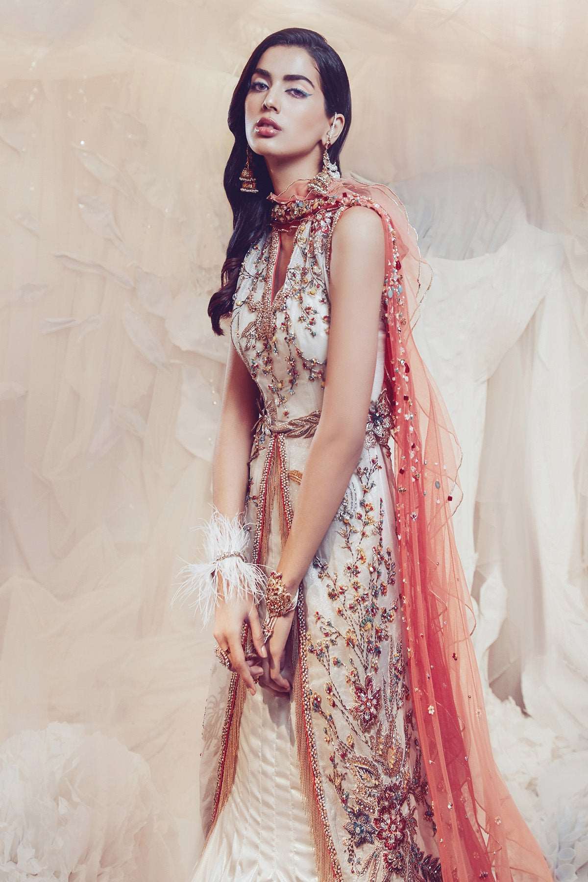 Pakistani Pearl White Zari Tulle Gown Set (2-Piece) - Image 4