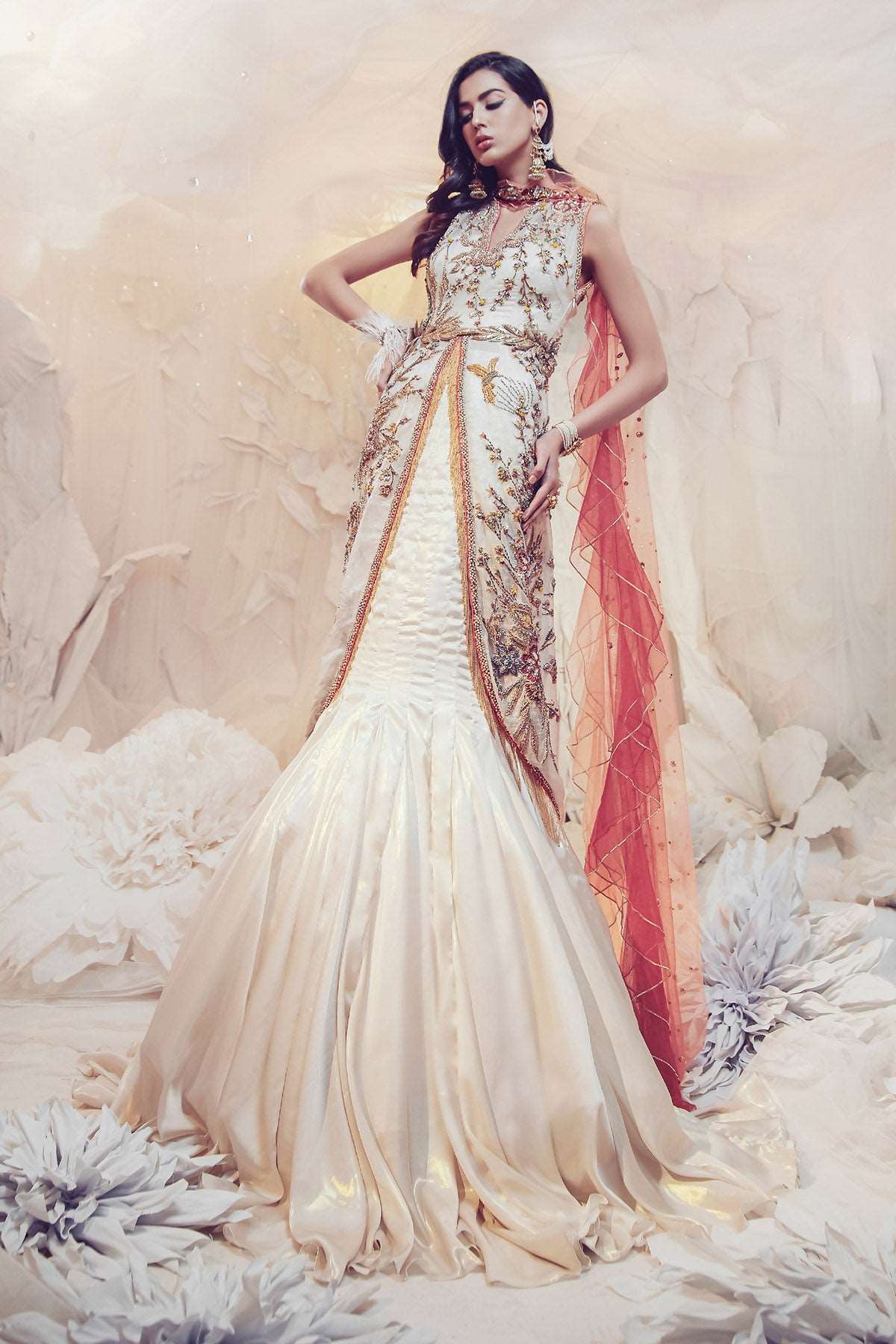 Pakistani Pearl White Zari Tulle Gown Set (2-Piece) - Image 5