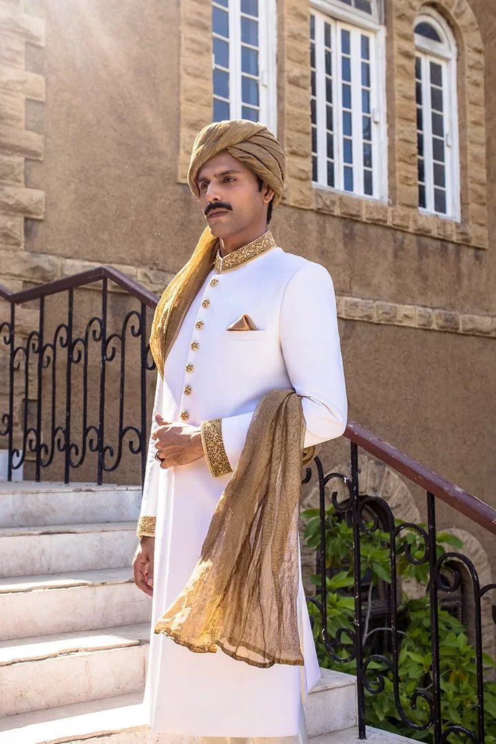 White Gold Hand Embroidered Cotton Silk Sherwani (3-Piece) - Image 3