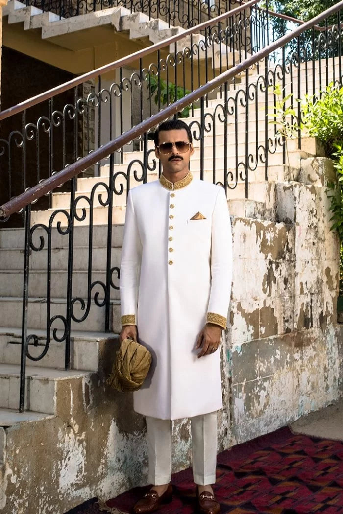 White Gold Hand Embroidered Cotton Silk Sherwani (3-Piece) - Image 4
