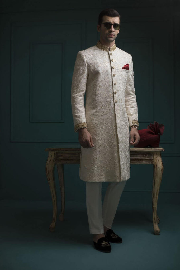 White Gold Embroidered Embossed Sherwani (2-Piece) - Image 1