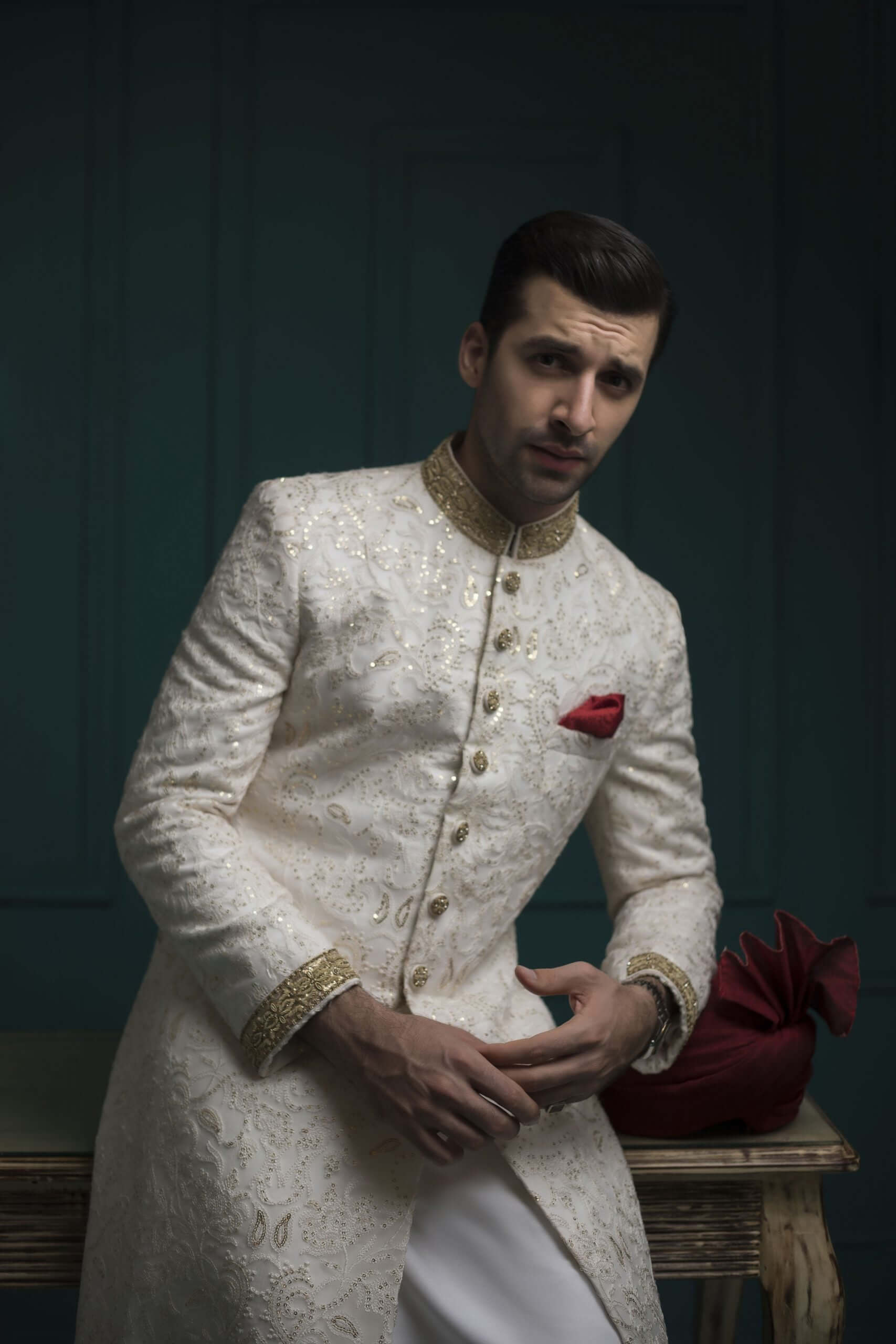 White Gold Embroidered Embossed Sherwani (2-Piece) - Image 3