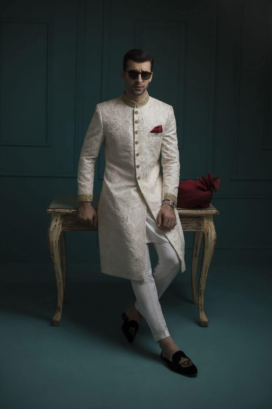 White Gold Embroidered Embossed Sherwani (2-Piece) - Image 4