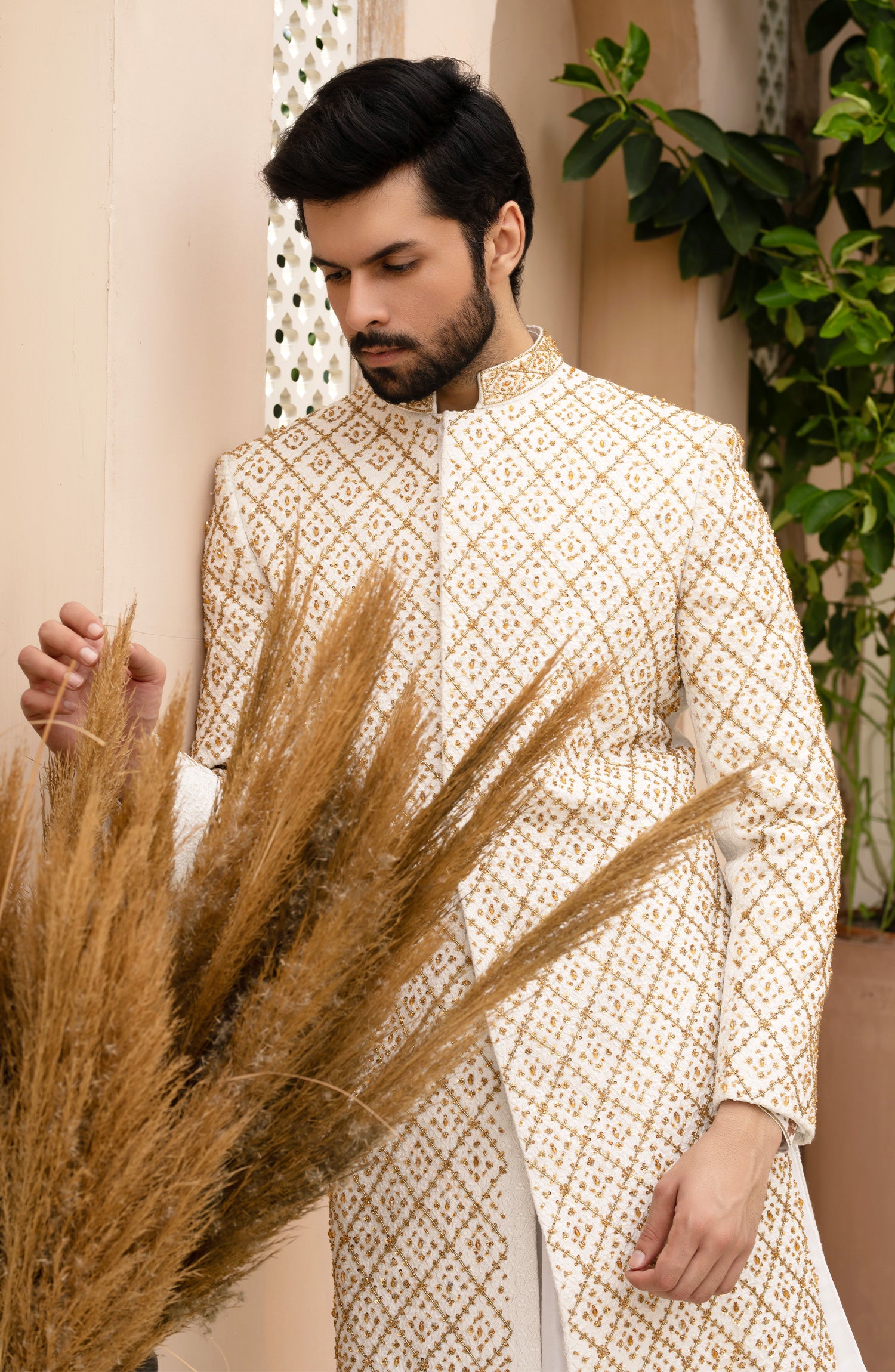 White Gold Embroidered Silk Sherwani (3-Piece) - Image 2