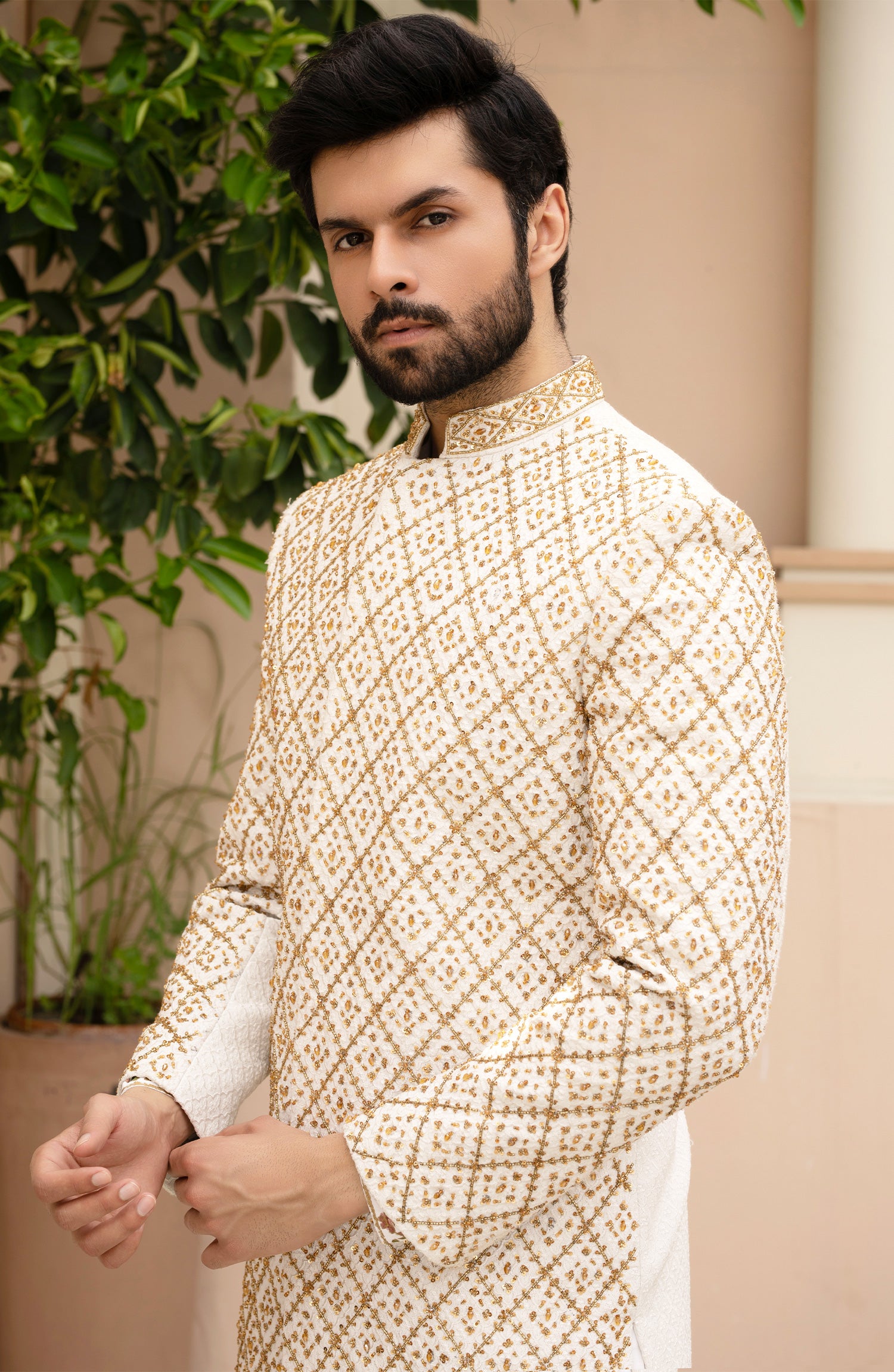 White Gold Embroidered Silk Sherwani (3-Piece) - Image 4