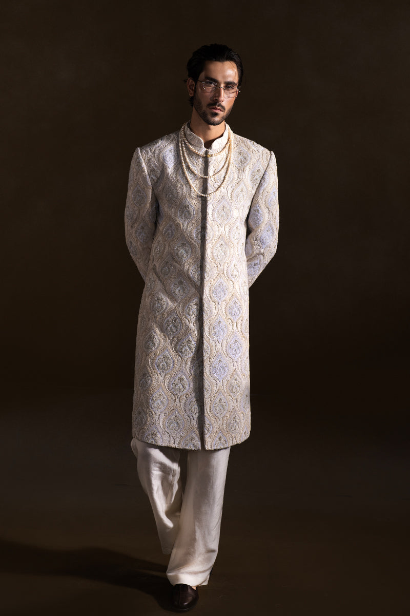 Pearl White Embroidered Handloom Groom Sherwani (2-Piece) - Image 1