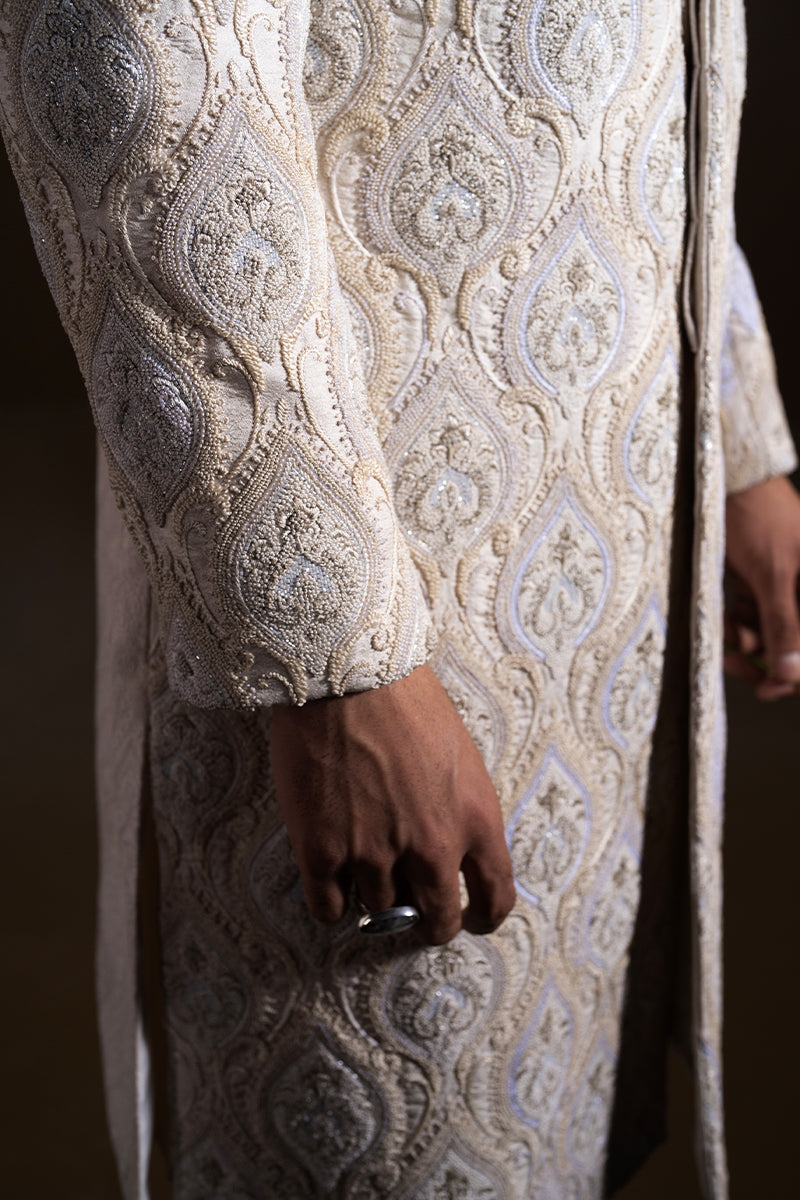 Pearl White Embroidered Handloom Groom Sherwani (2-Piece) - Image 2
