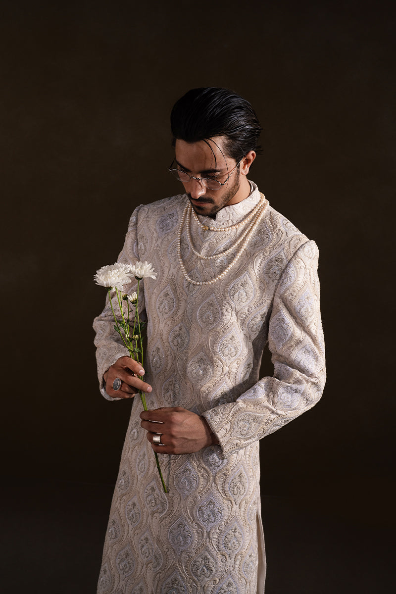 Pearl White Embroidered Handloom Groom Sherwani (2-Piece) - Image 4
