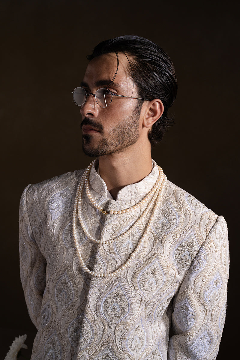 Pearl White Embroidered Handloom Sherwani (2-Piece) - Image 3