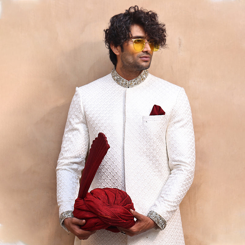 White Hand-Embellished Jacquard Groom Sherwani (2-Piece) - Image 1