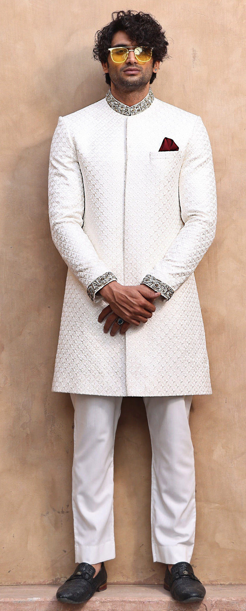 White Hand-Embellished Jacquard Groom Sherwani (2-Piece) - Image 2