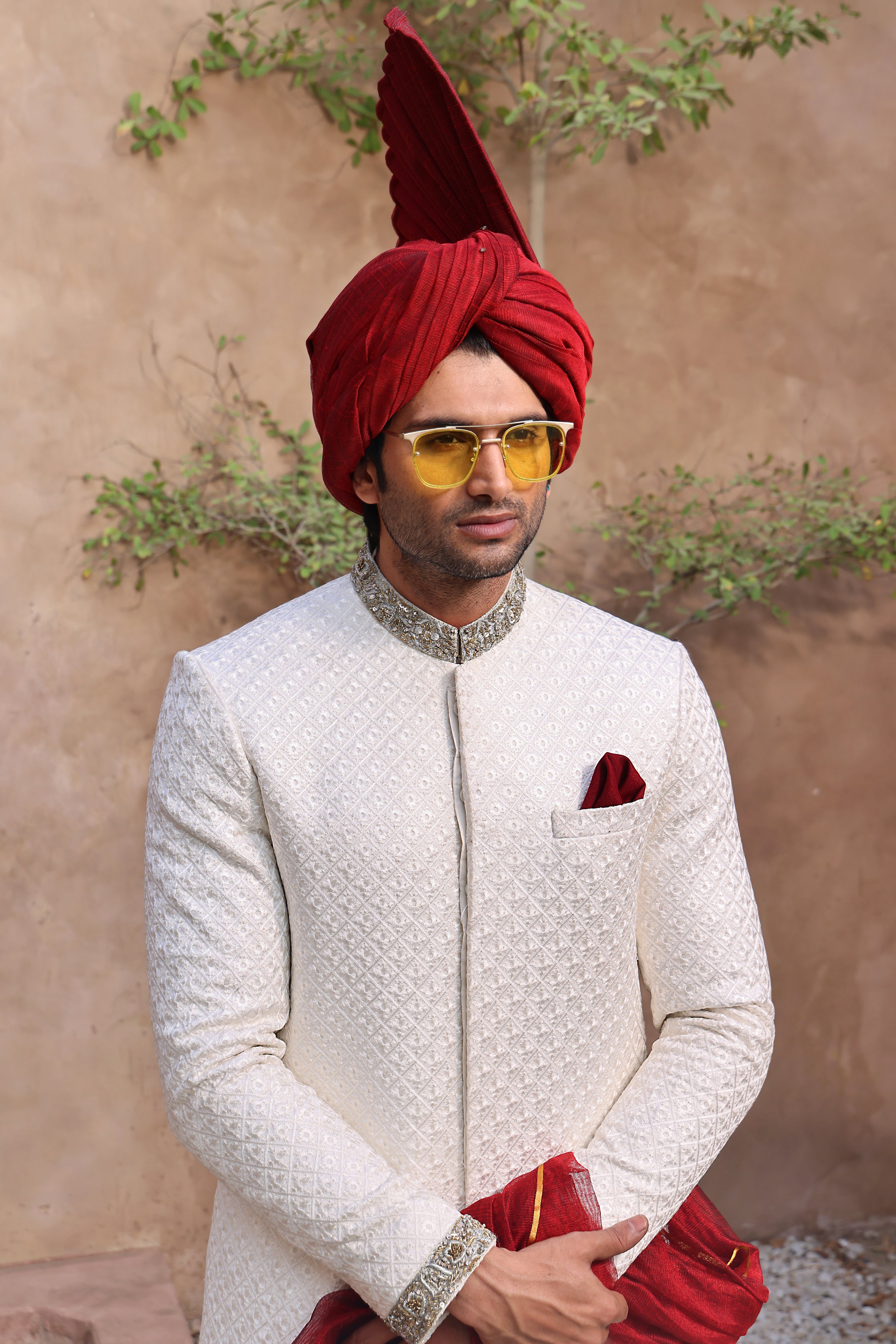 White Hand-Embellished Jacquard Groom Sherwani (2-Piece) - Image 3