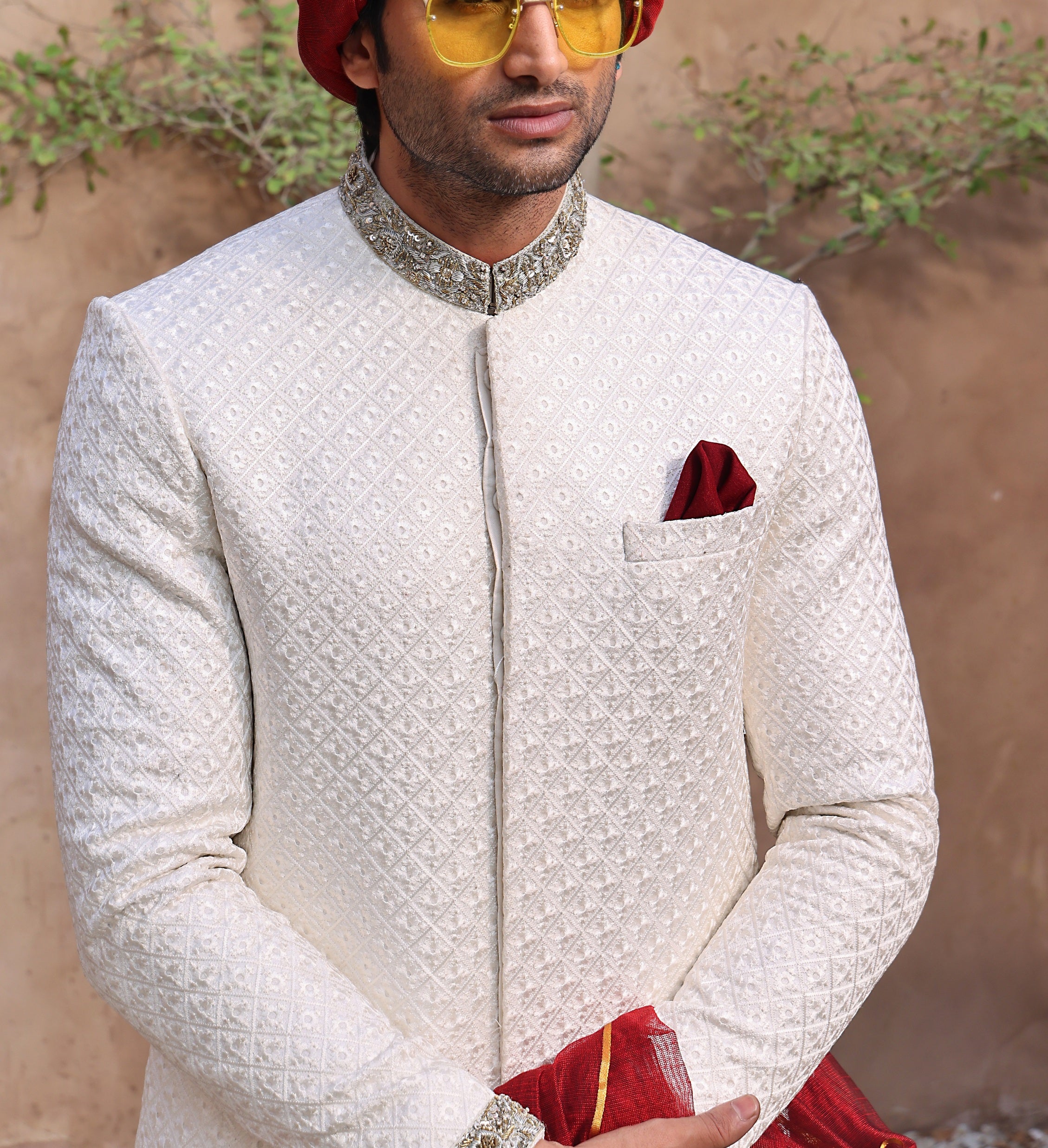 White Hand-Embellished Jacquard Groom Sherwani (2-Piece) - Image 4