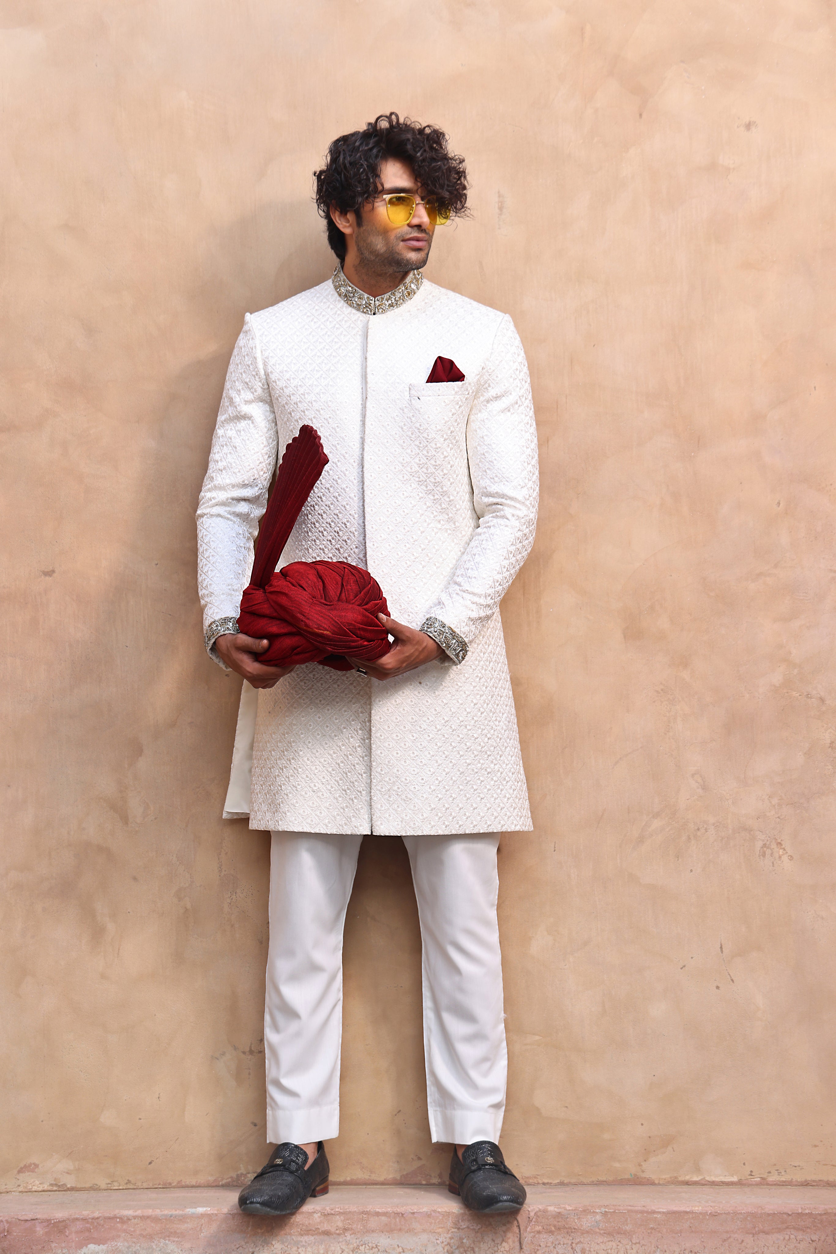 White Hand-Embellished Jacquard Groom Sherwani (2-Piece) - Image 6