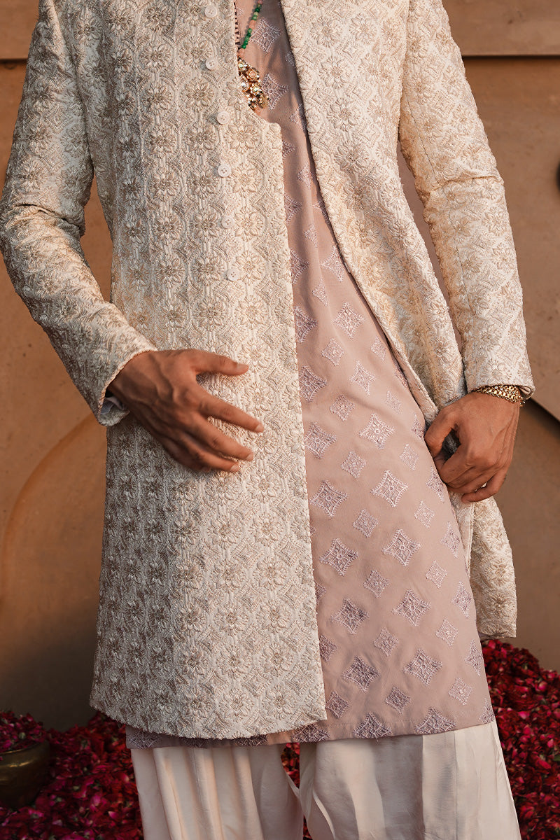 Pearl White Jacquard Embroidered Sherwani (2-Piece) - Image 6
