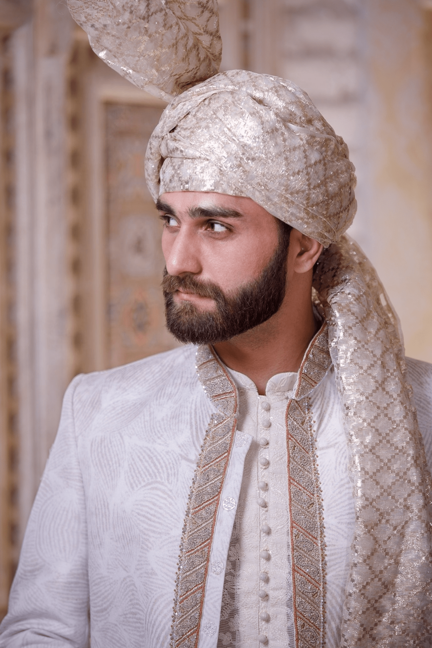 Snow White Jacquard Sherwani with Metallic Embroidery (3-Piece) - Image 1