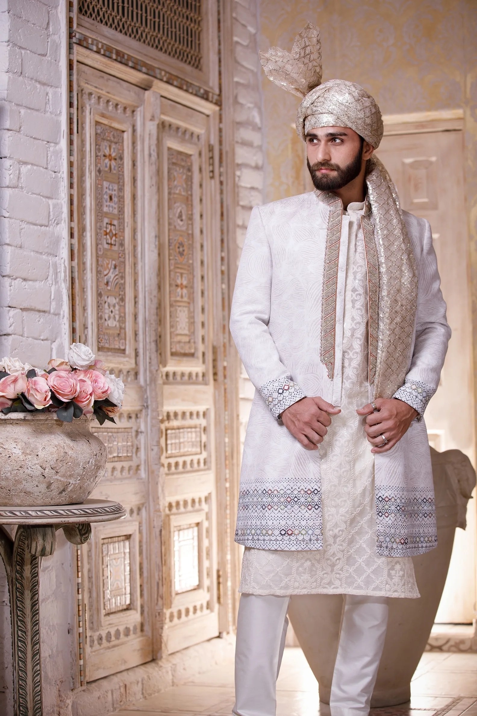 Snow White Jacquard Sherwani with Metallic Embroidery (3-Piece) - Image 3