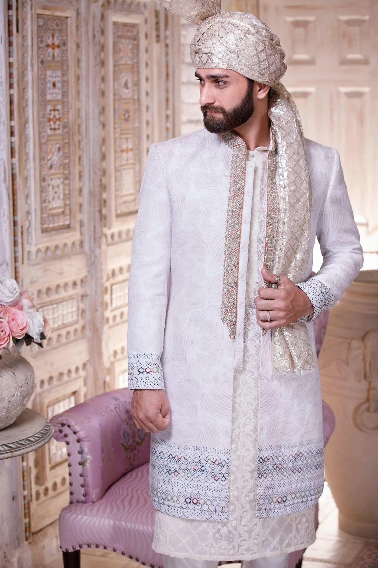 Snow White Jacquard Sherwani with Metallic Embroidery (3-Piece) - Image 4