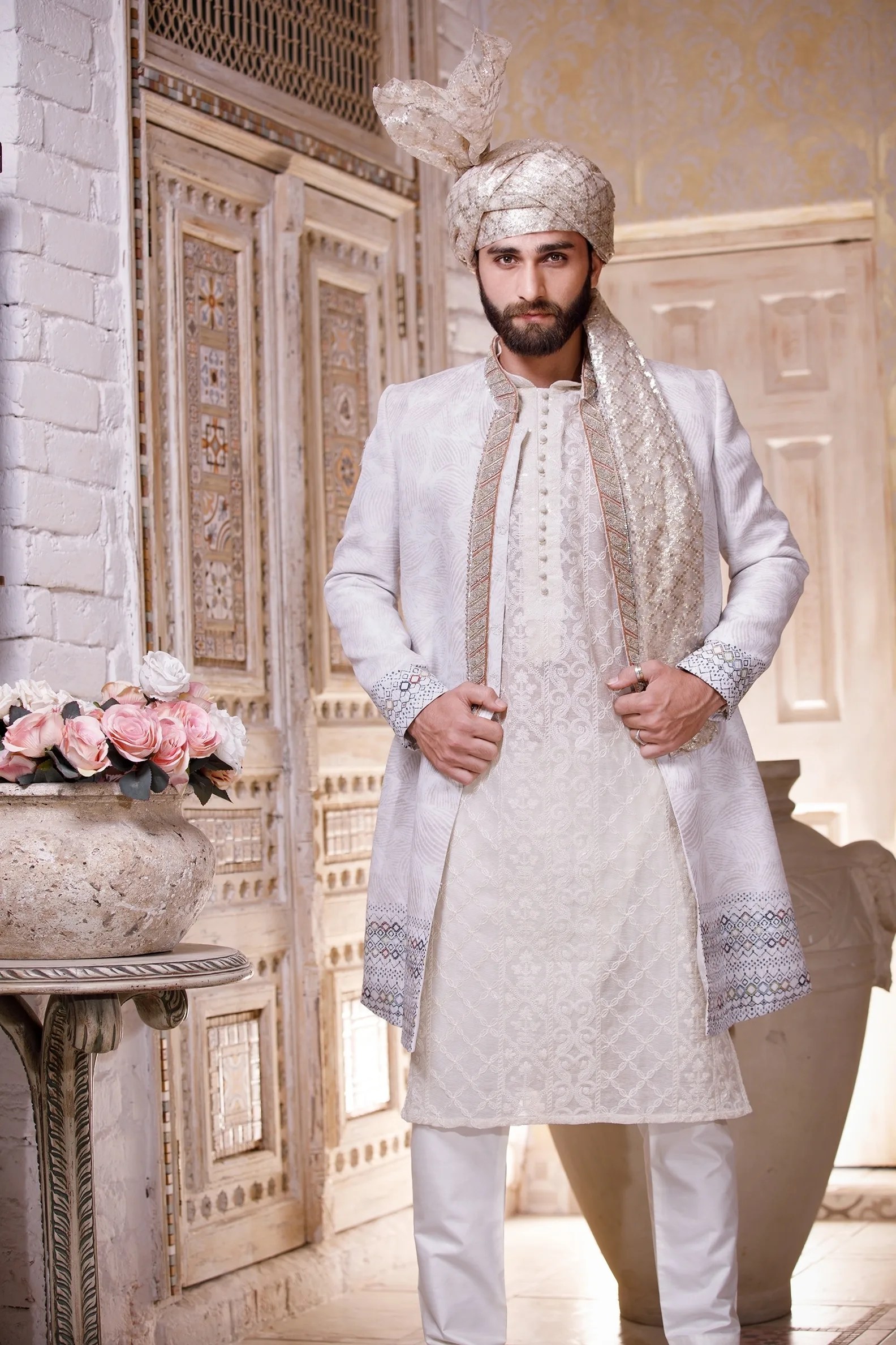 Snow White Jacquard Sherwani with Metallic Embroidery (3-Piece) - Image 5