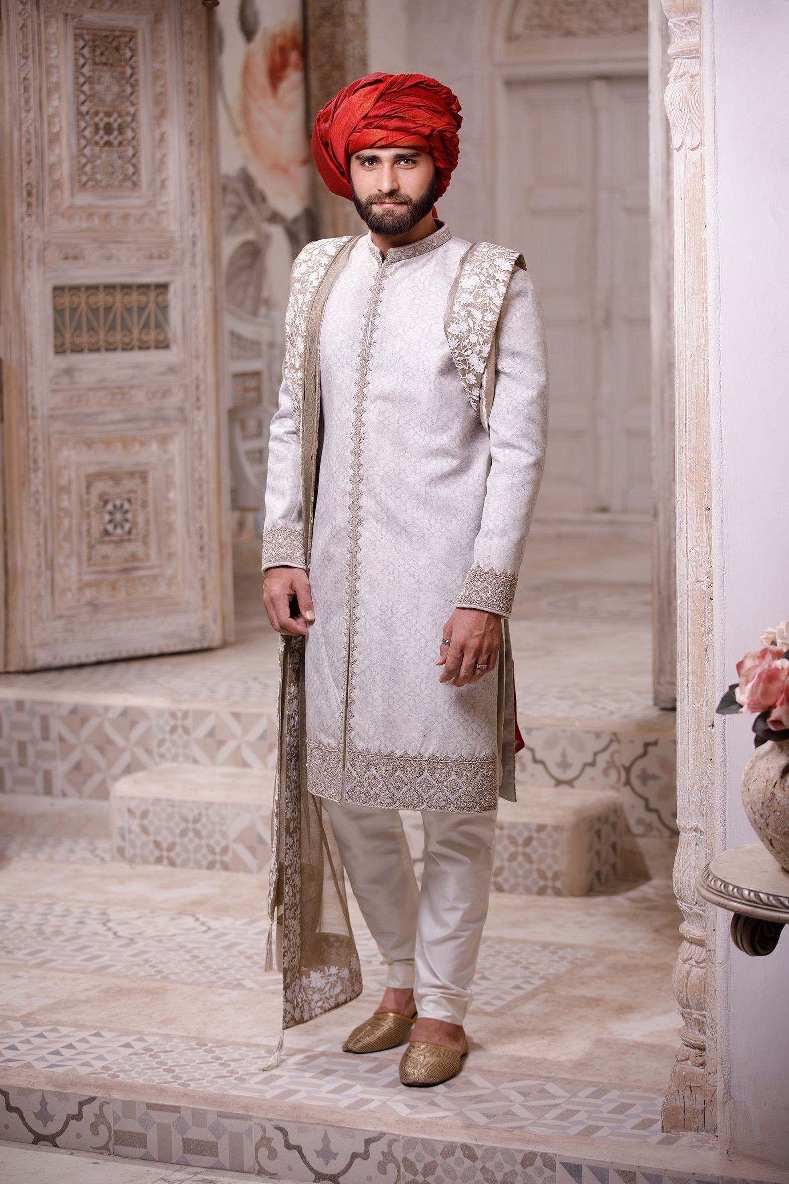 Pearl White Jacquard Sherwani with Embroidered Shawl (3-Piece) - Image 2