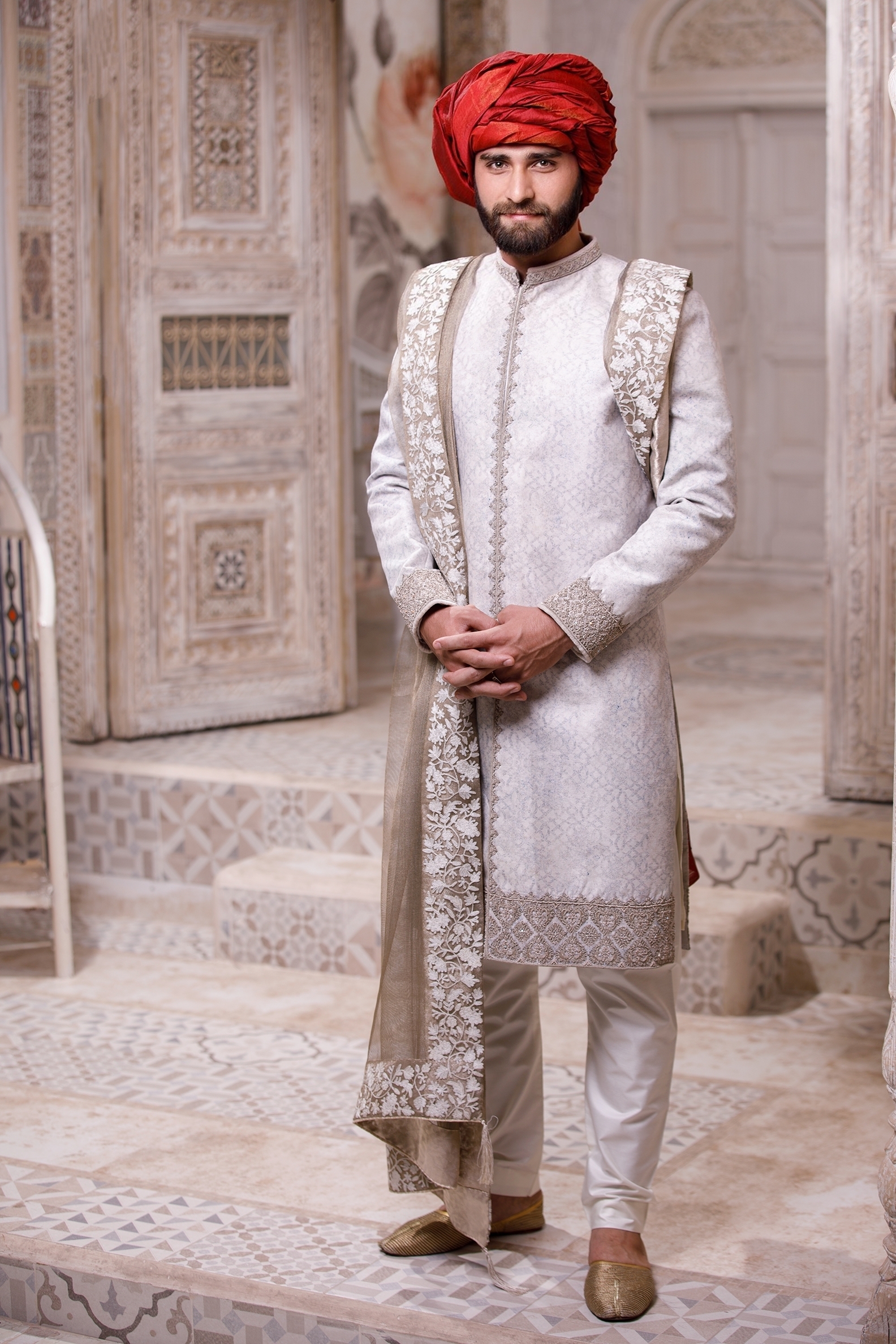 Pearl White Jacquard Sherwani with Embroidered Shawl (3-Piece) - Image 3