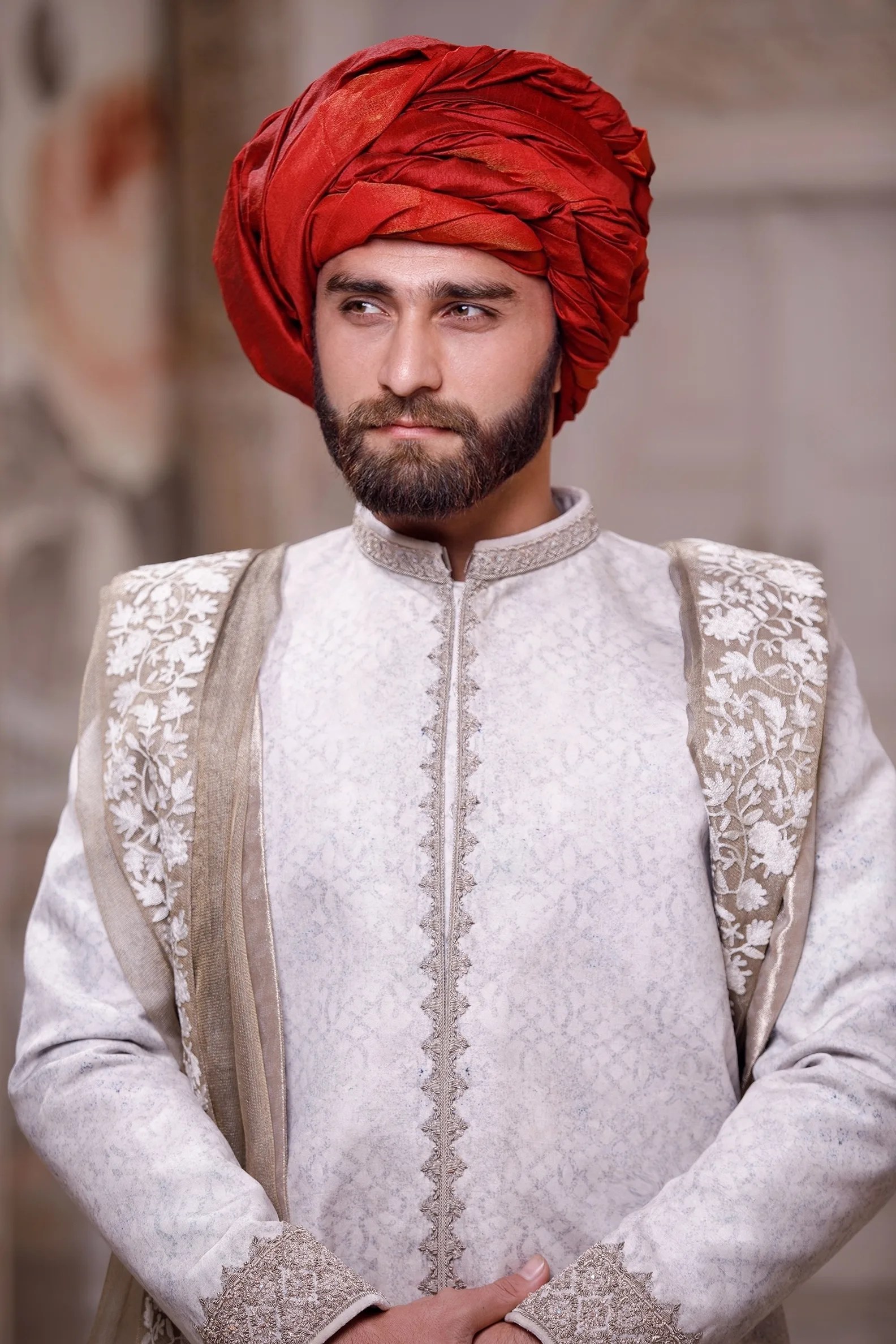 Pearl White Jacquard Sherwani with Embroidered Shawl (3-Piece) - Image 5