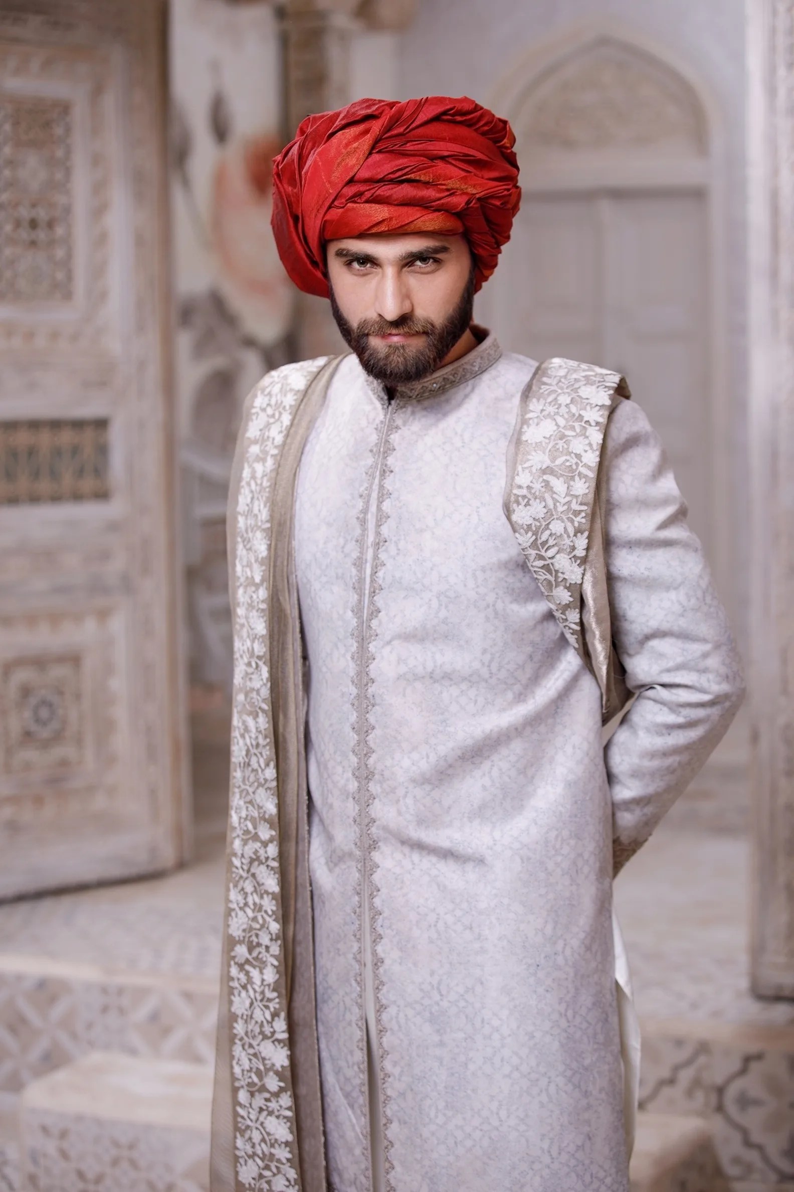 Pearl White Jacquard Sherwani with Embroidered Shawl (3-Piece) - Image 6