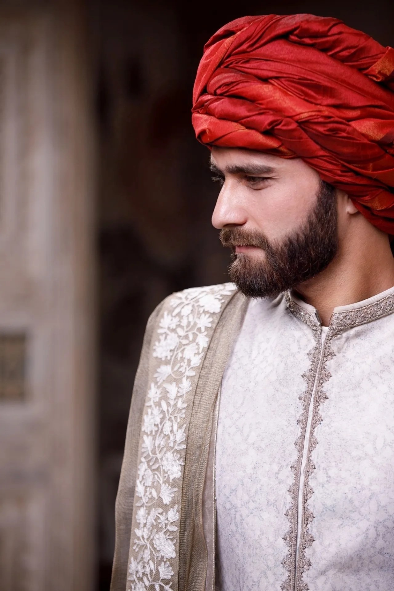 Pearl White Jacquard Sherwani with Embroidered Shawl (3-Piece) - Image 7