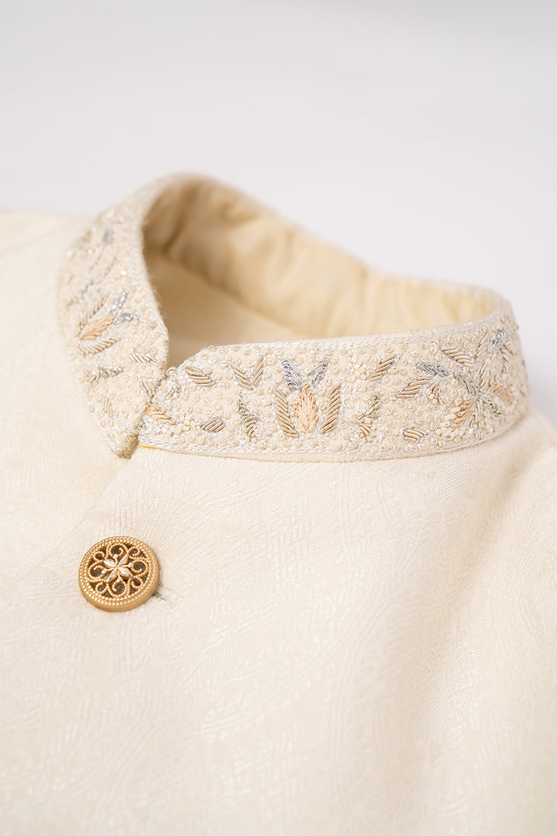 Pearl White Hand-Embellished Self-Jacquard Sherwani (2-Piece) - Image 7