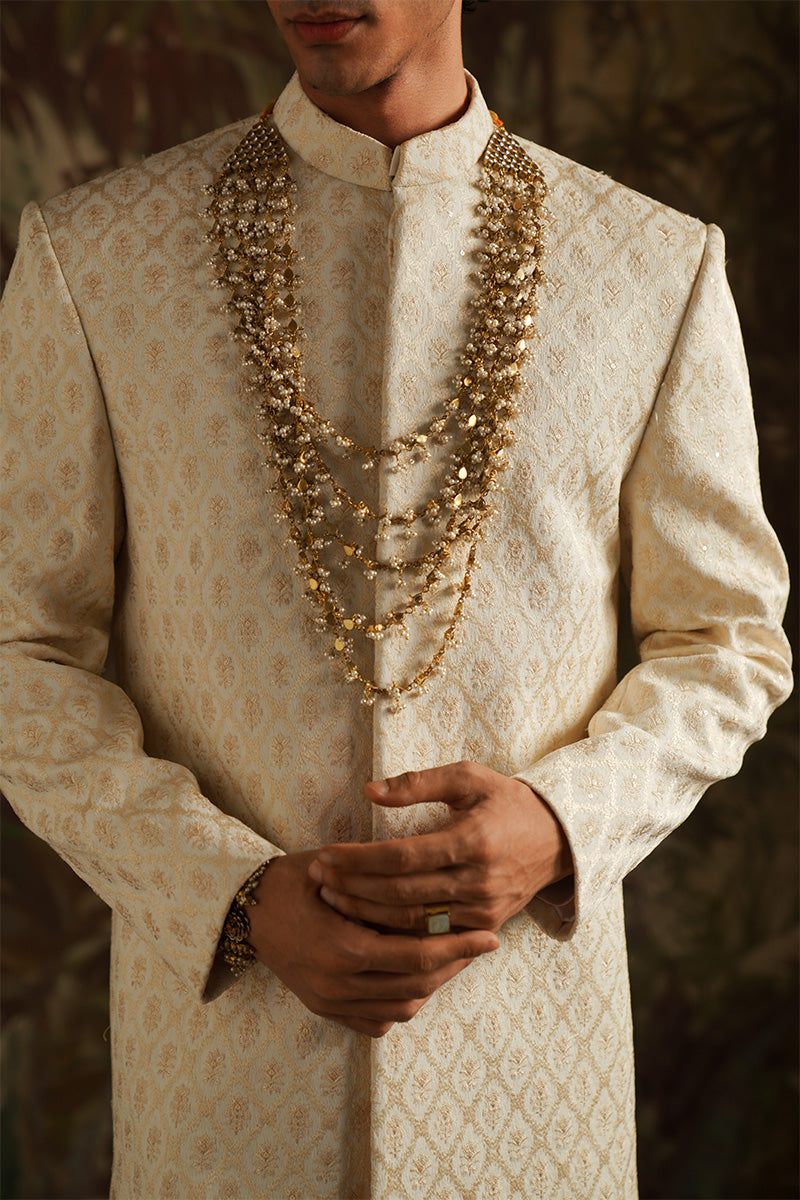 Pearl White Jacquard Embroidered Sherwani (2-Piece) - Image 3
