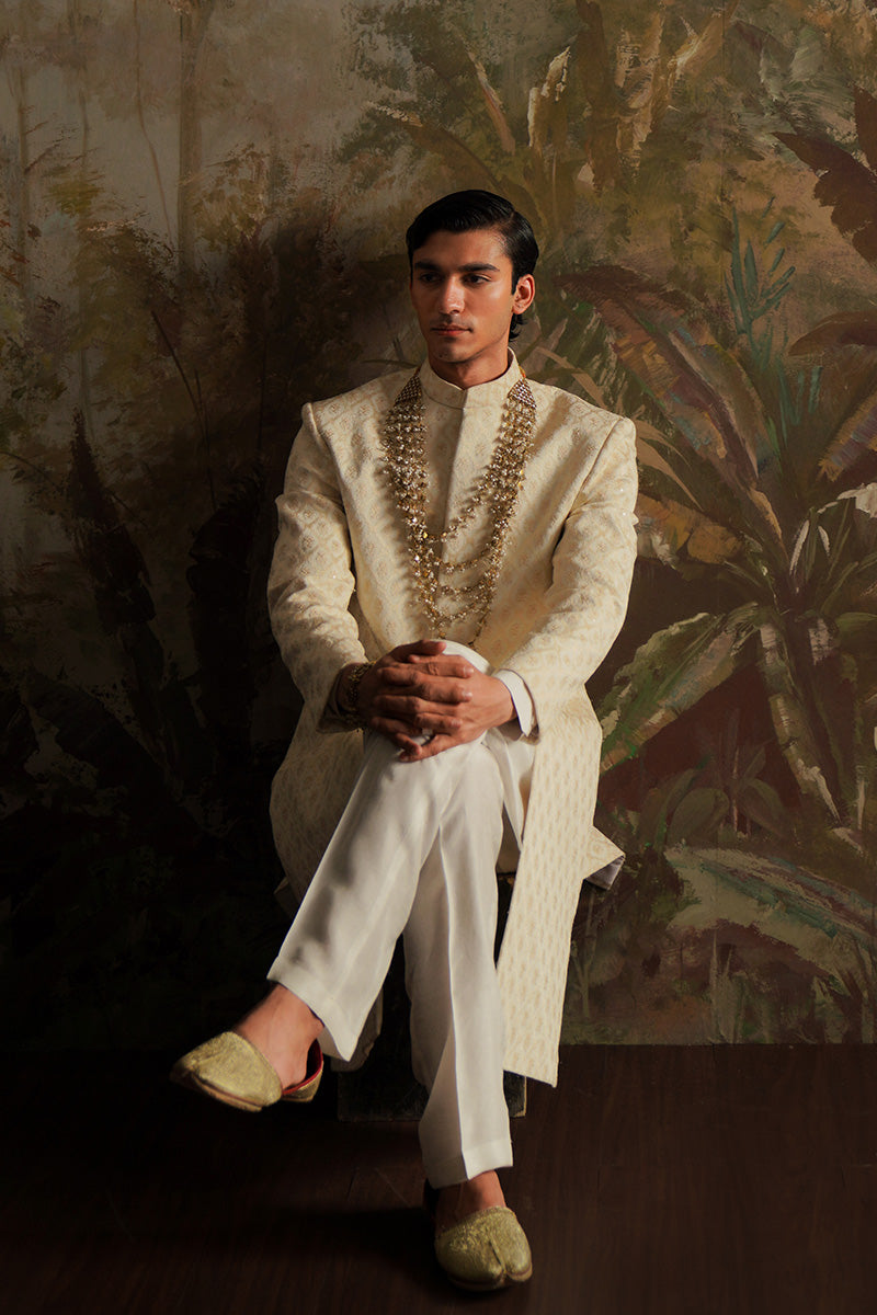 Pearl White Jacquard Embroidered Sherwani (2-Piece) - Image 5