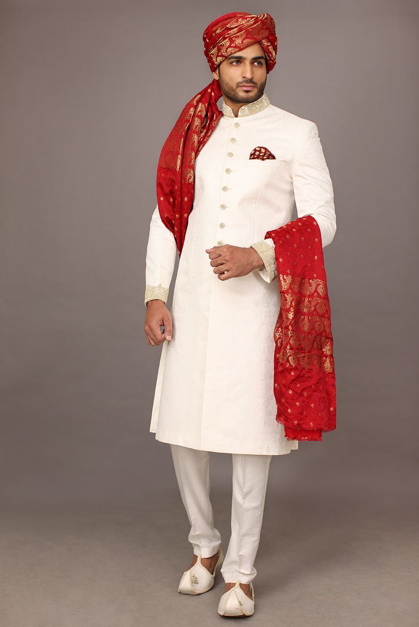 White Kora Dabka Embroidered Self Jamawar Sherwani (3-Piece) - Image 1